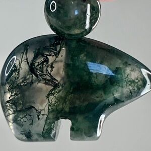 Native American Moss Agate Carved Zuni Bear Gemstone Pendant Charm Bead Sterling